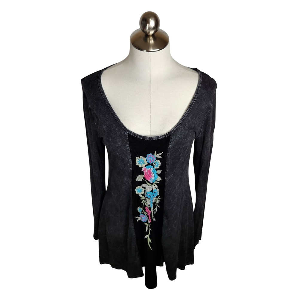 T-Party Tunic Top Women S Gray Acid Wash Floral Embroidered Velvet Panel USA